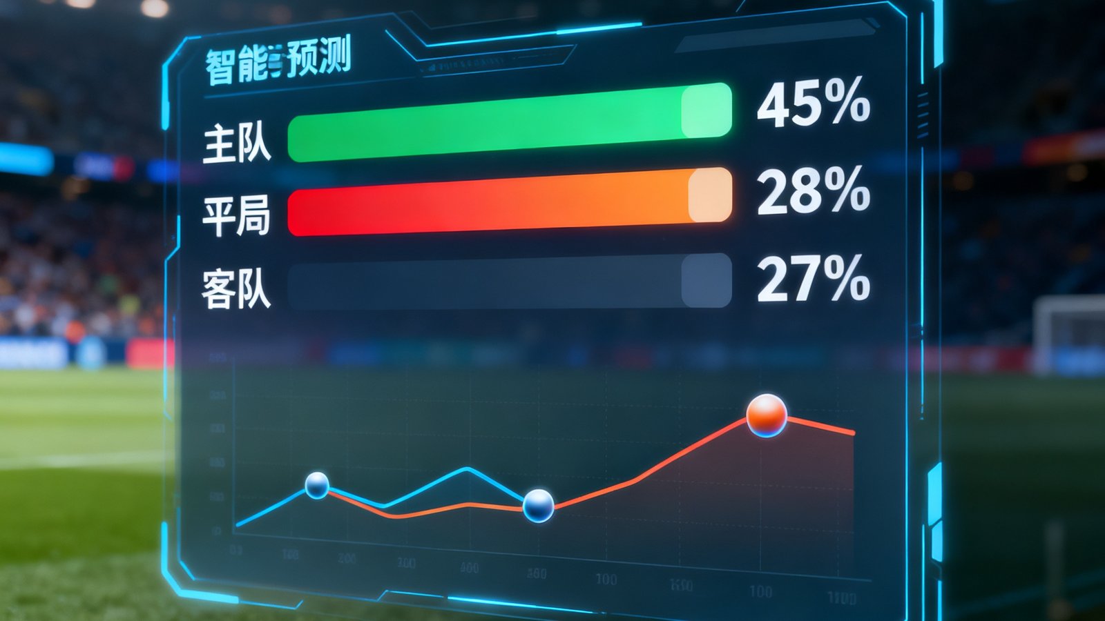 智能预测面板显示三色概率条，主队45%平局28%客队27%，下方大小球曲线